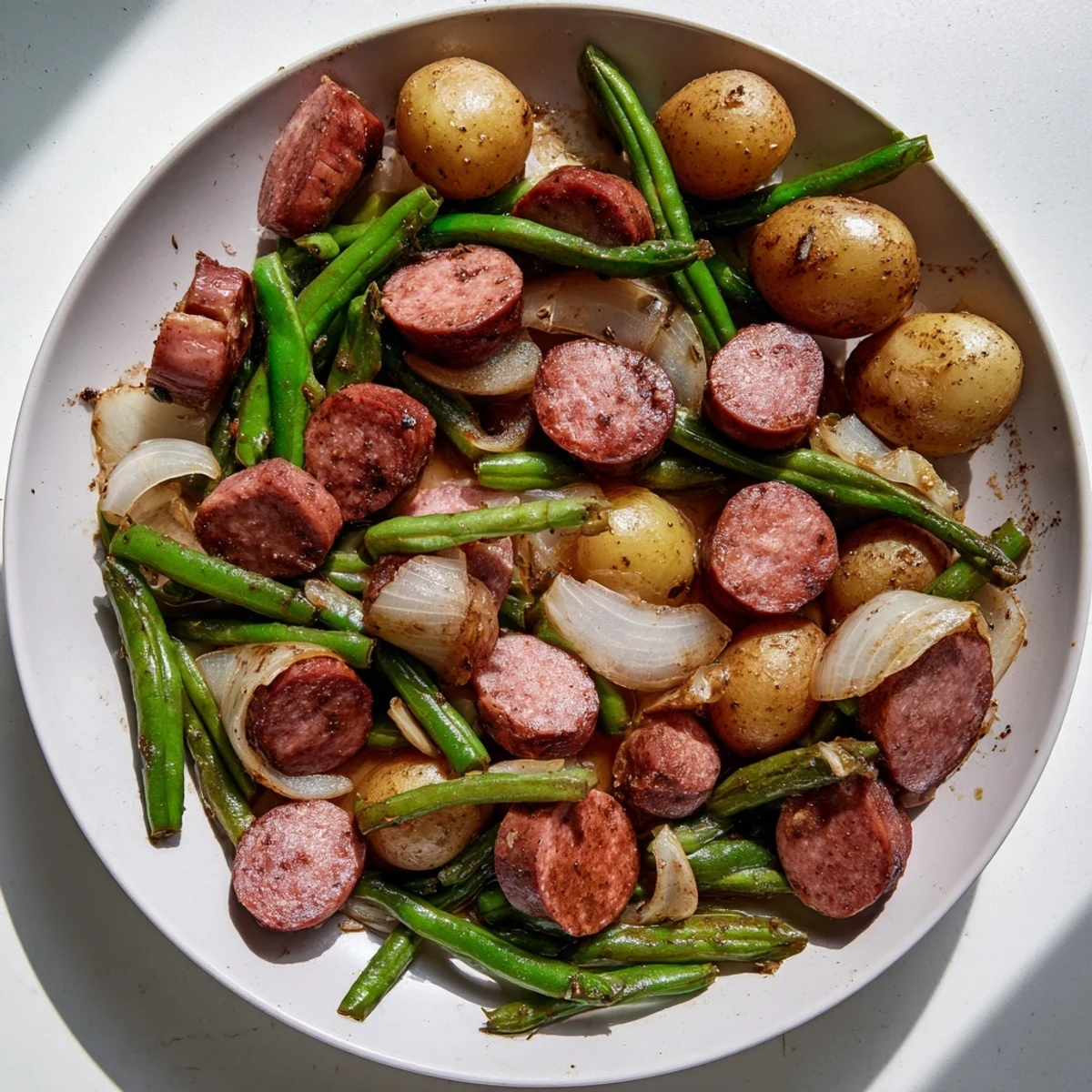 Hearty Crockpot Kielbasa and Green Beans featuring smoky sausage slices and crisp vegetables