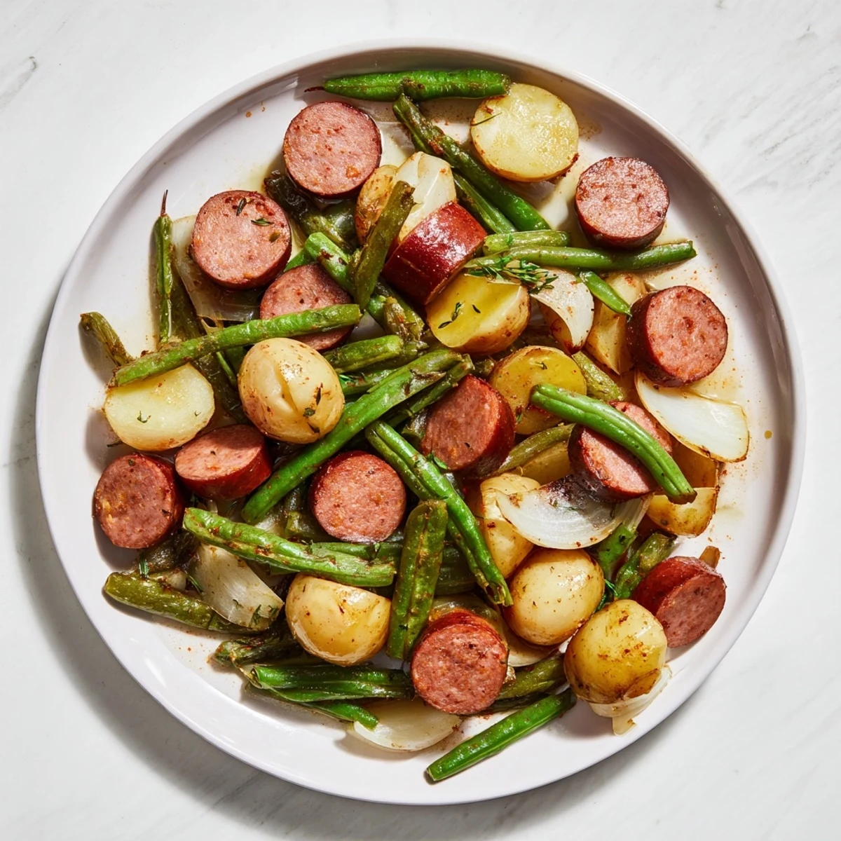 Comforting Crockpot Kielbasa and Green Beans one-pot meal with baby potatoes and seasonings