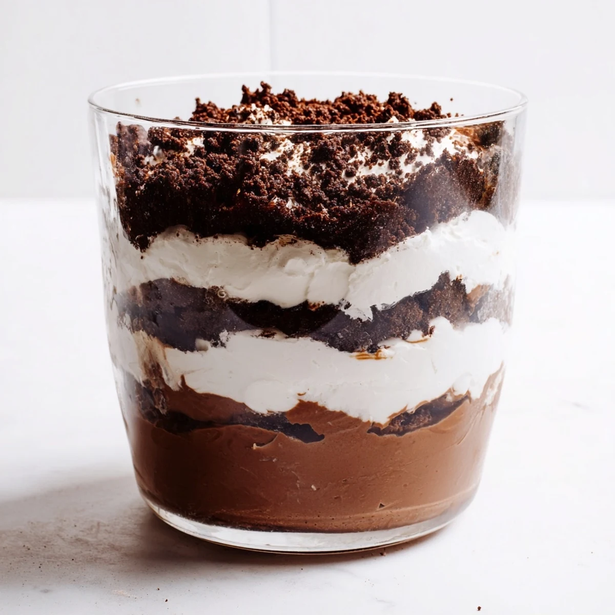Spoon lifting rich chocolate keto dirt cake from layered dessert with crumbly topping