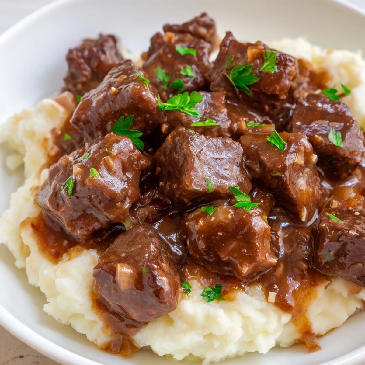 Rich savory slow cooker beef tips and gravy in a white bowl beside buttered egg noodles