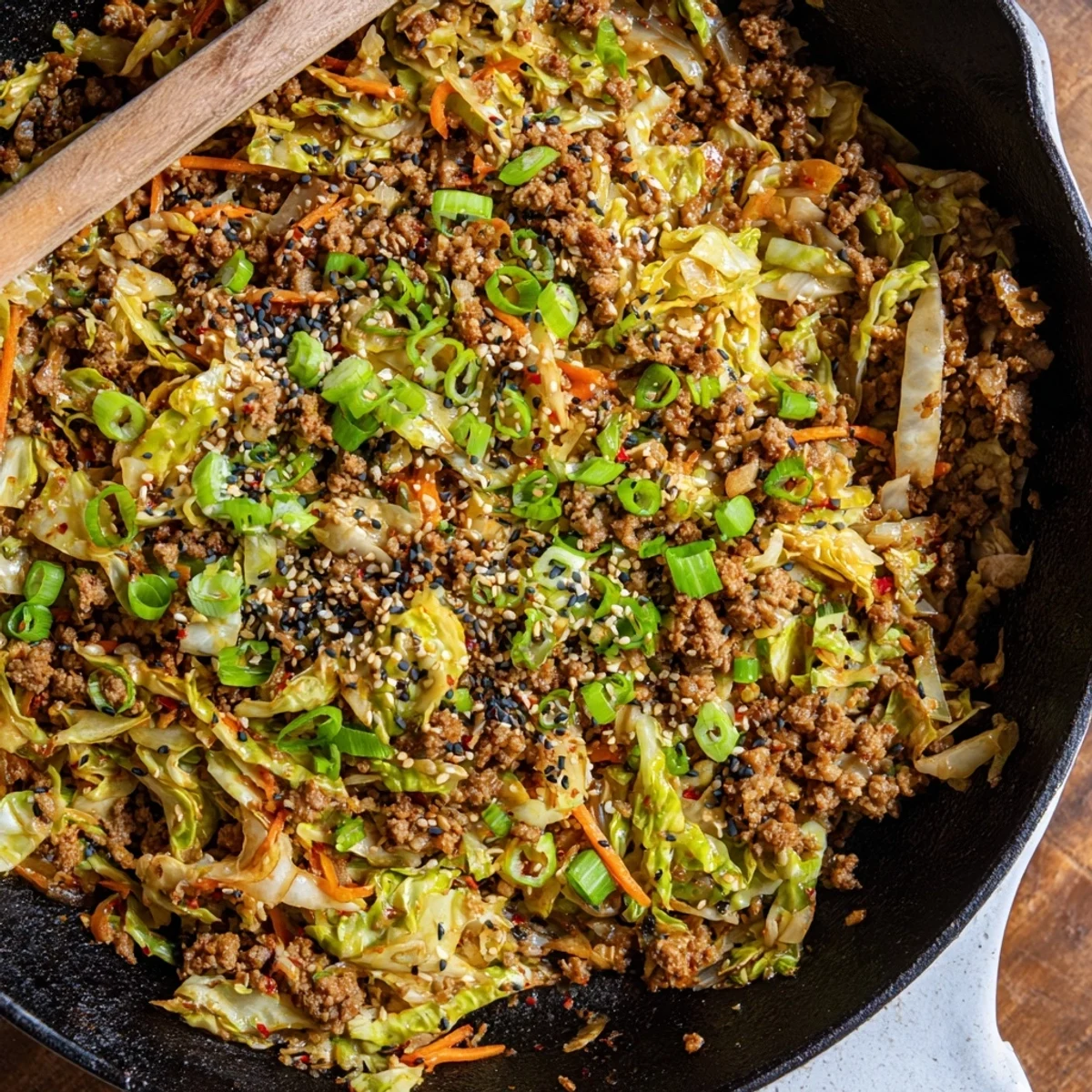 Golden brown ground pork and colorful cabbage in a savory keto egg roll in a bowl skillet