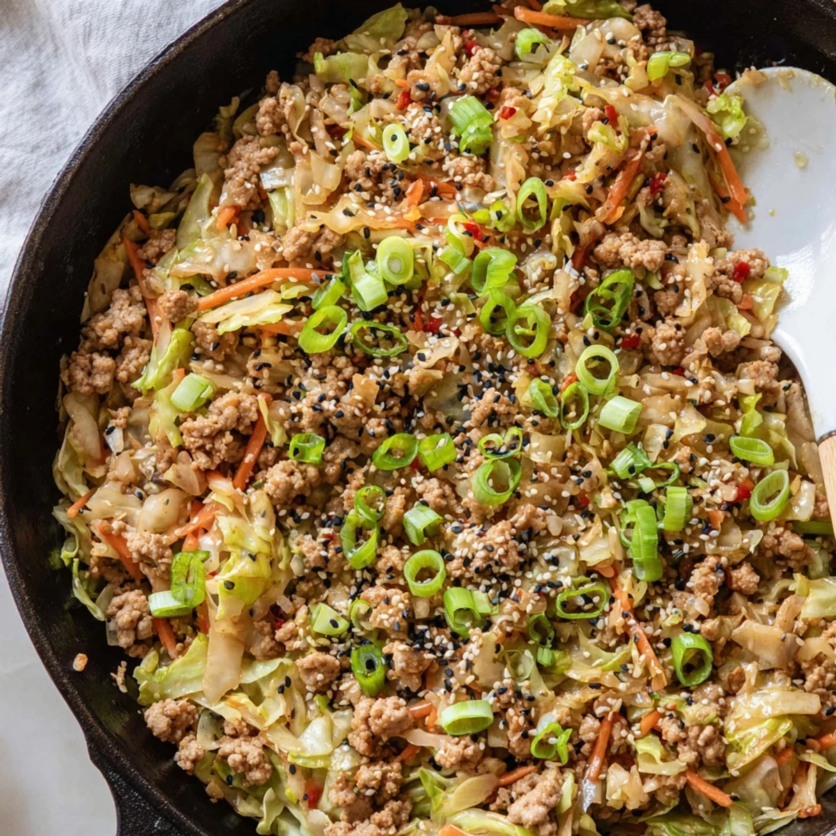 Heaping spoonful of egg roll in a bowl featuring seasoned pork and crisp shredded cabbage