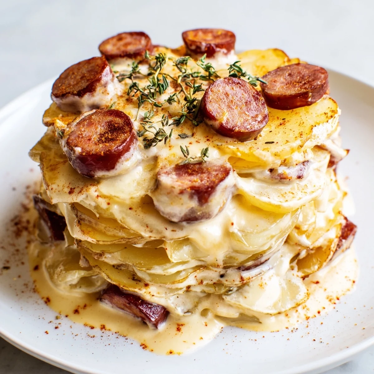 Tender easy scalloped potatoes kielbasa bubbling in creamy cheese sauce with caramelized onion rings