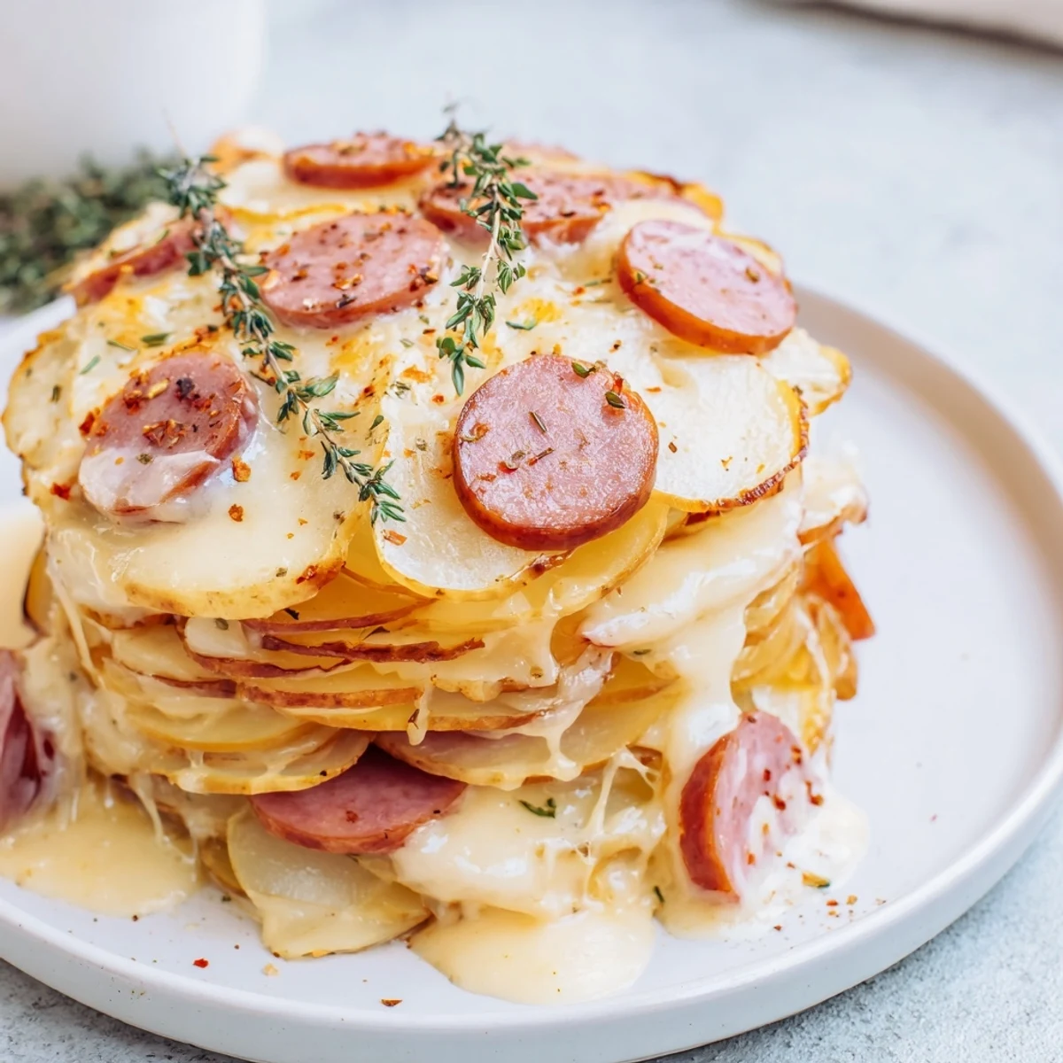 Golden slow cooker scalloped potatoes kielbasa layered with melted cheddar and smoky sausage slices
