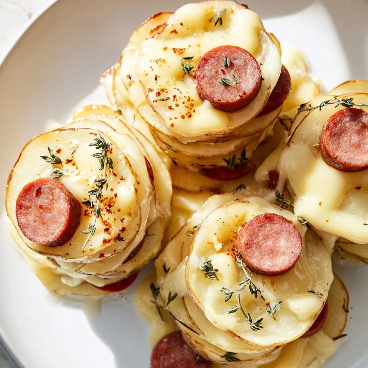 Hearty slow cooker scalloped potatoes kielbasa topped with golden brown cheese and sliced kielbasa