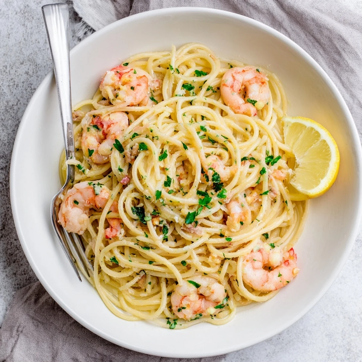 Plate of al dente shrimp scampi pasta garnished with lemon wedges and Parmesan