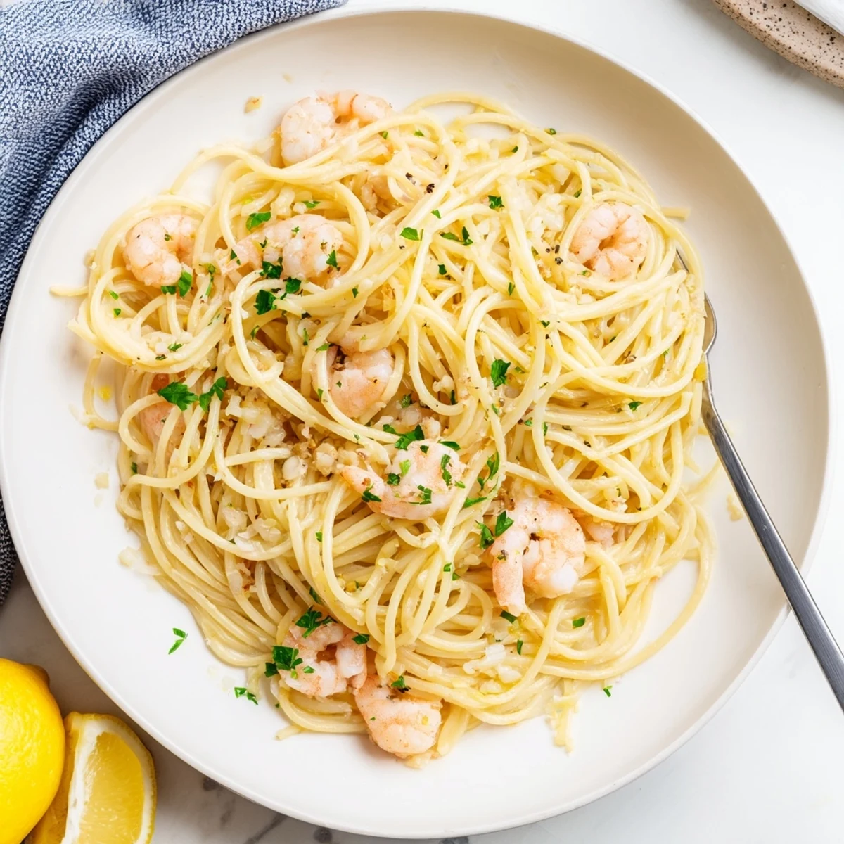 Golden shrimp scampi pasta coated in lemon garlic butter sauce with fresh parsley