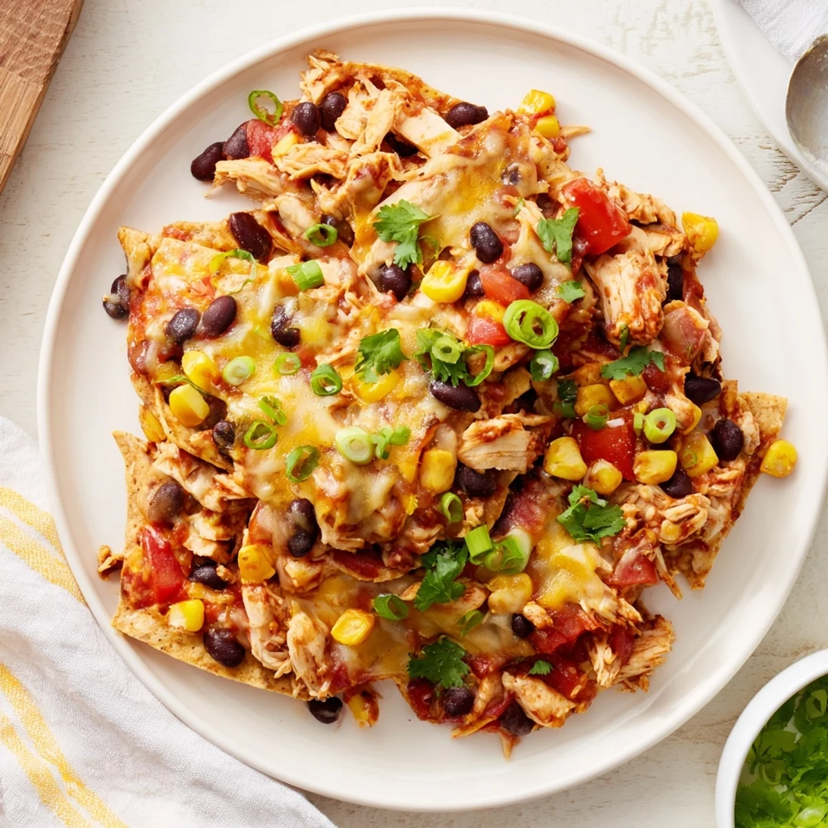 Slow cooker chicken enchilada casserole with melted cheese and fresh cilantro garnish on top