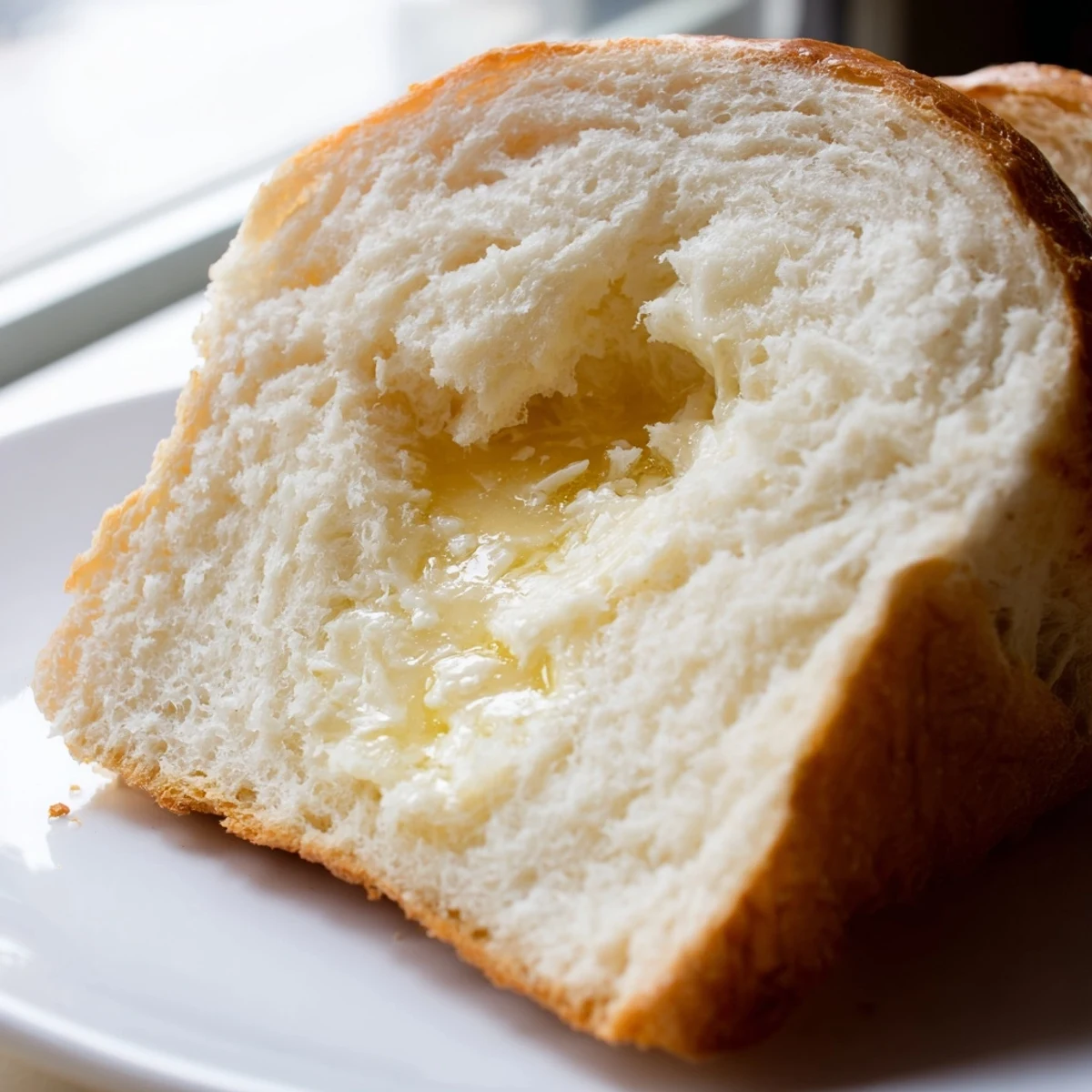 Sliced homemade Amish white bread revealing fluffy white crumb, ideal for sandwiches and morning toast