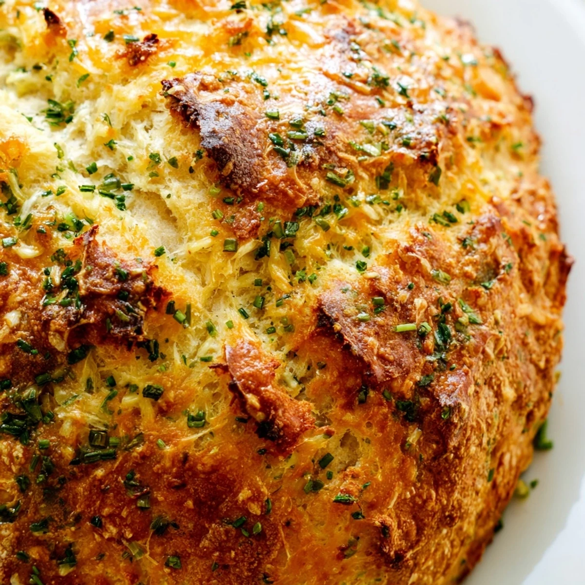 Golden brown cheddar and herb soda bread loaf sprinkled with fresh green herbs