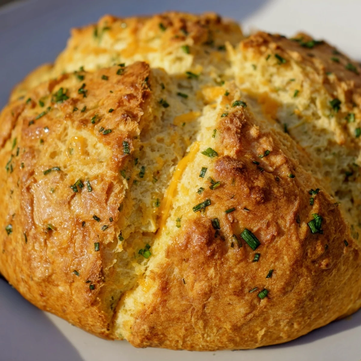 Freshly baked round cheddar and herb soda bread with cross cut on top