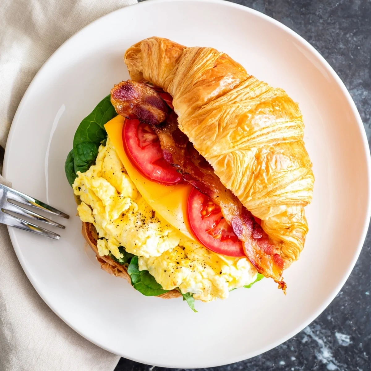 Golden Croissant Breakfast Sandwiches stacked with crispy bacon and melted cheddar cheese on a rustic wooden board