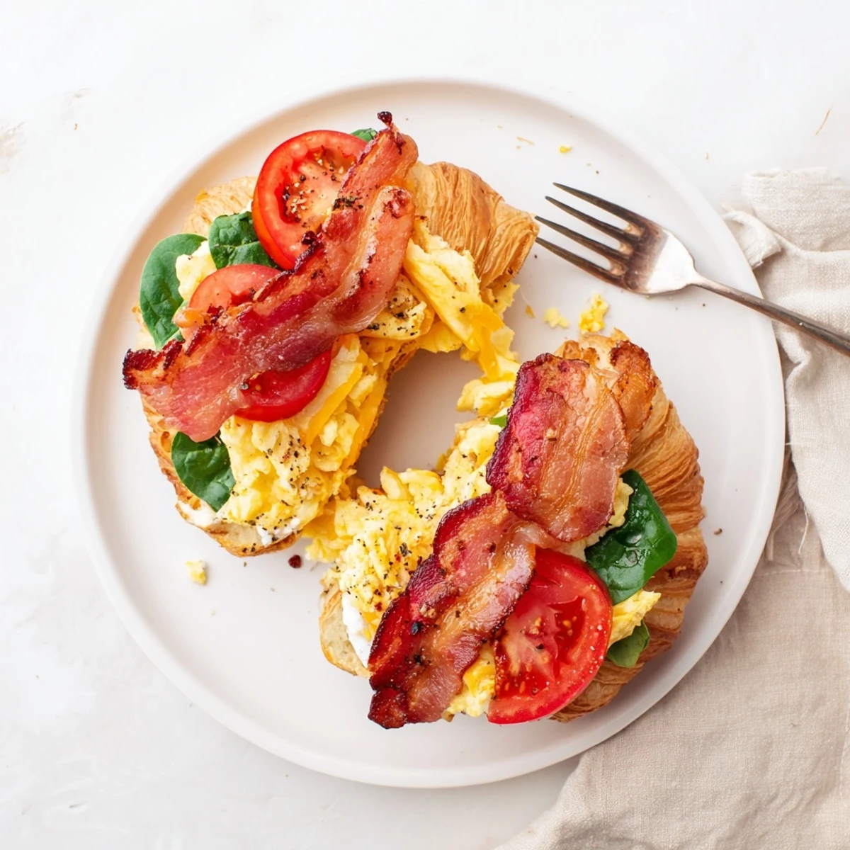 Sliced Croissant Breakfast Sandwiches revealing fluffy scrambled eggs and fresh spinach layers inside buttery pastry