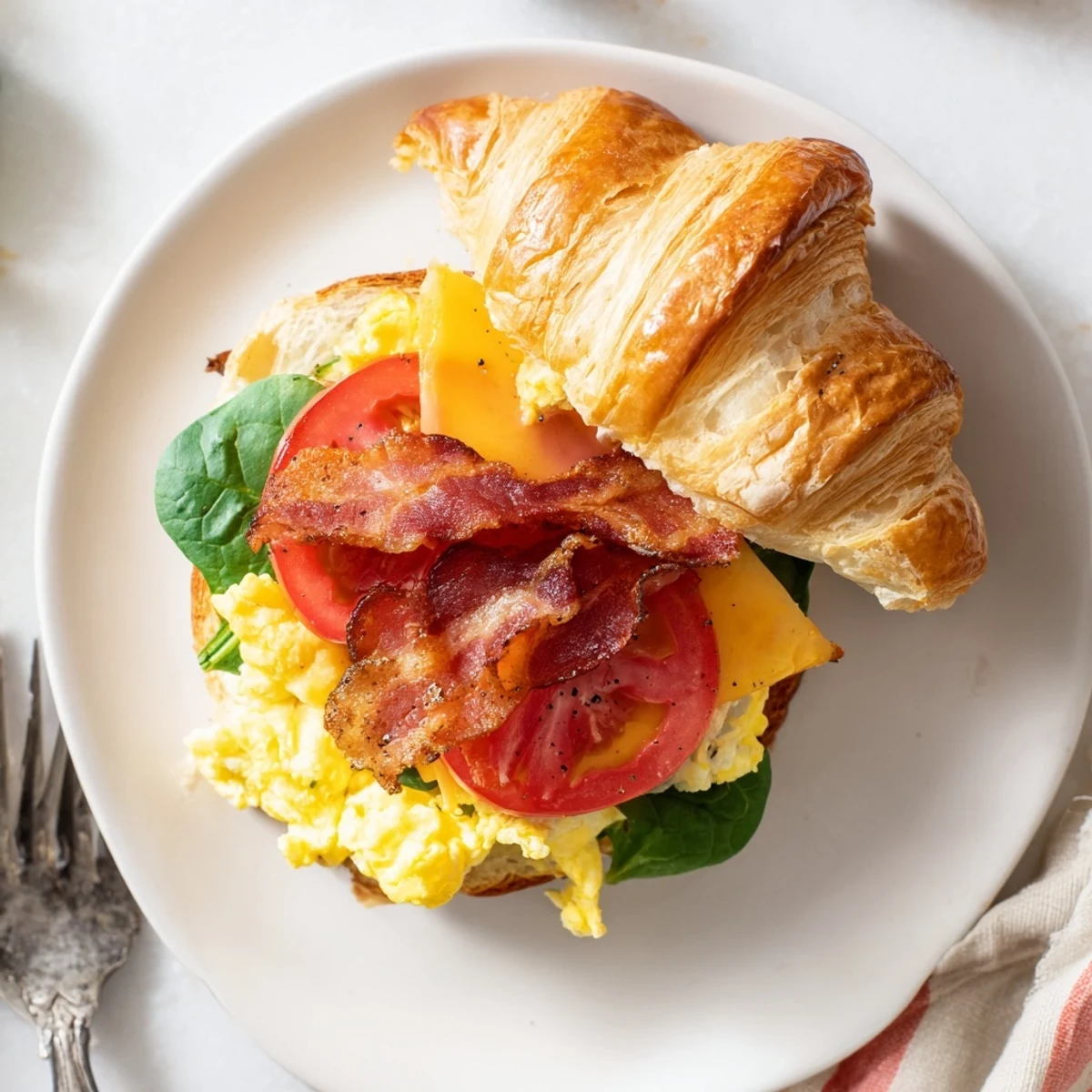 Warm Croissant Breakfast Sandwiches served on a white plate with tomato slices and crispy bacon overflowing