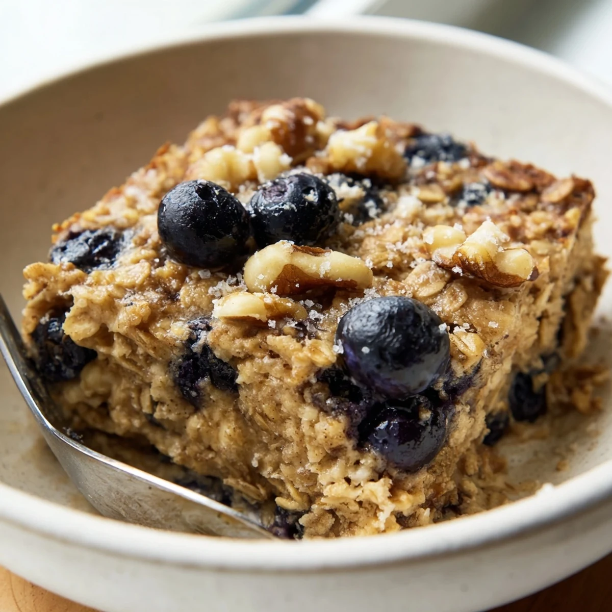 Golden baked lemon blueberry oatmeal dish with plump berries bursting throughout the tender breakfast
