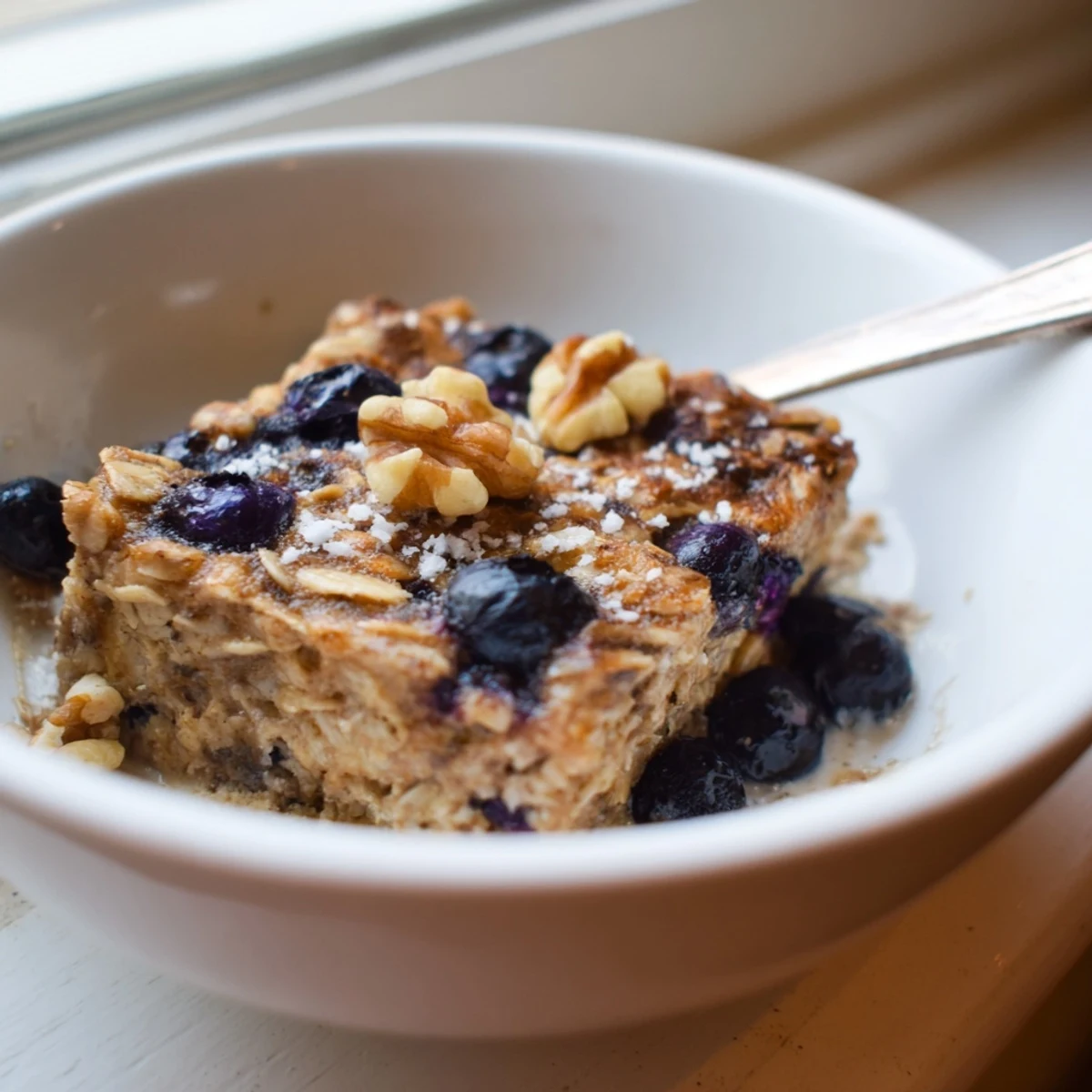 Warm slice of lemon blueberry baked oatmeal topped with fresh blueberries and lemon zest