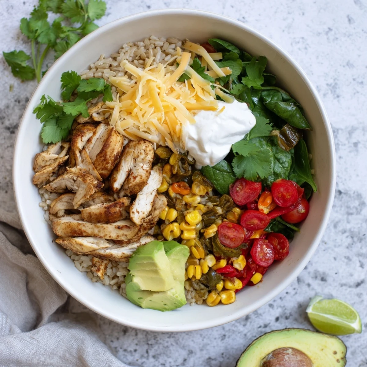 Colorful Southwest Spice Green Chile Bowl topped with fresh avocado slices, cilantro, and shredded Monterey Jack cheese over seasoned chicken and roasted green chiles.