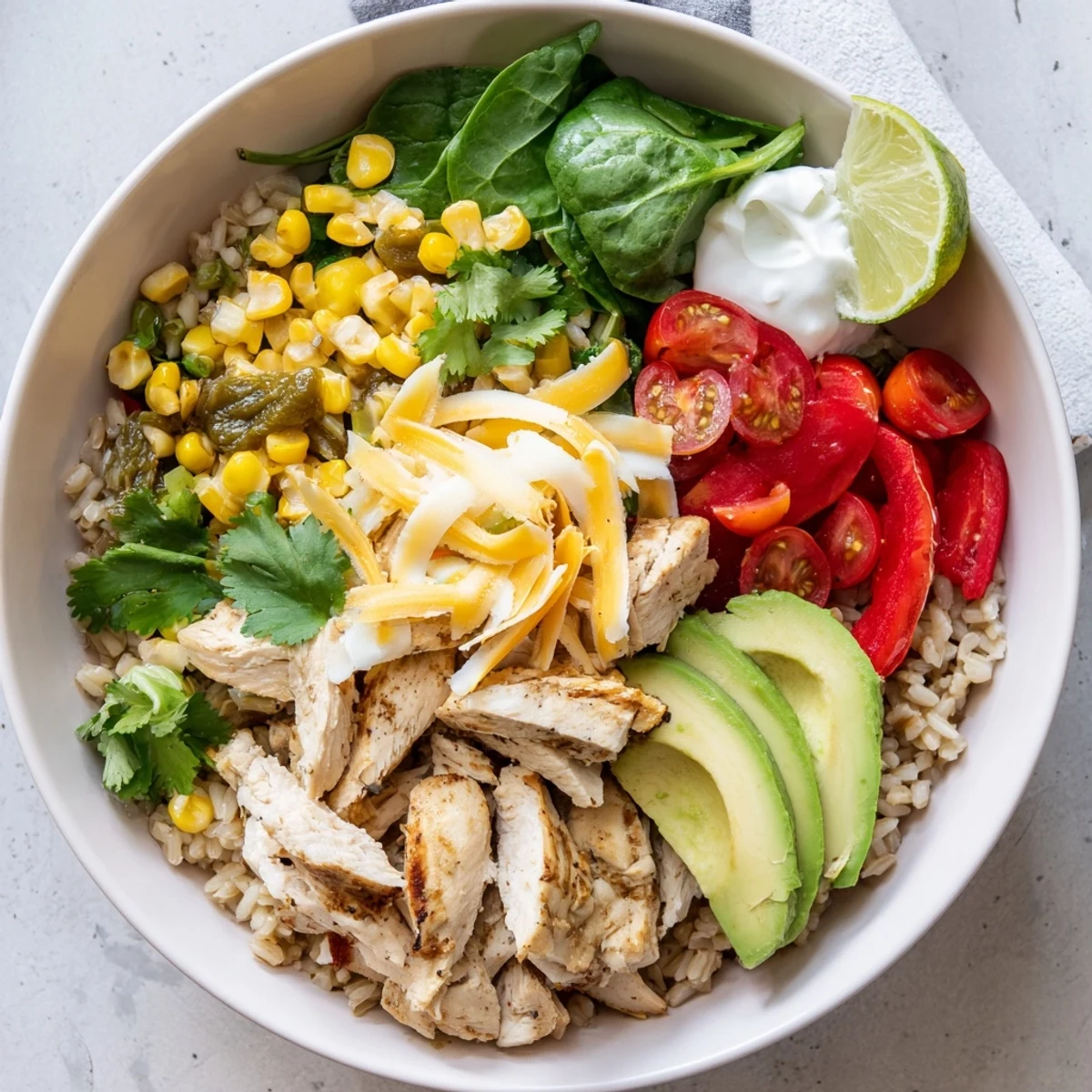 Hearty Southwest Spice Green Chile Bowl featuring tender spiced chicken, roasted green chiles, corn, and vibrant vegetables served over fluffy brown rice.