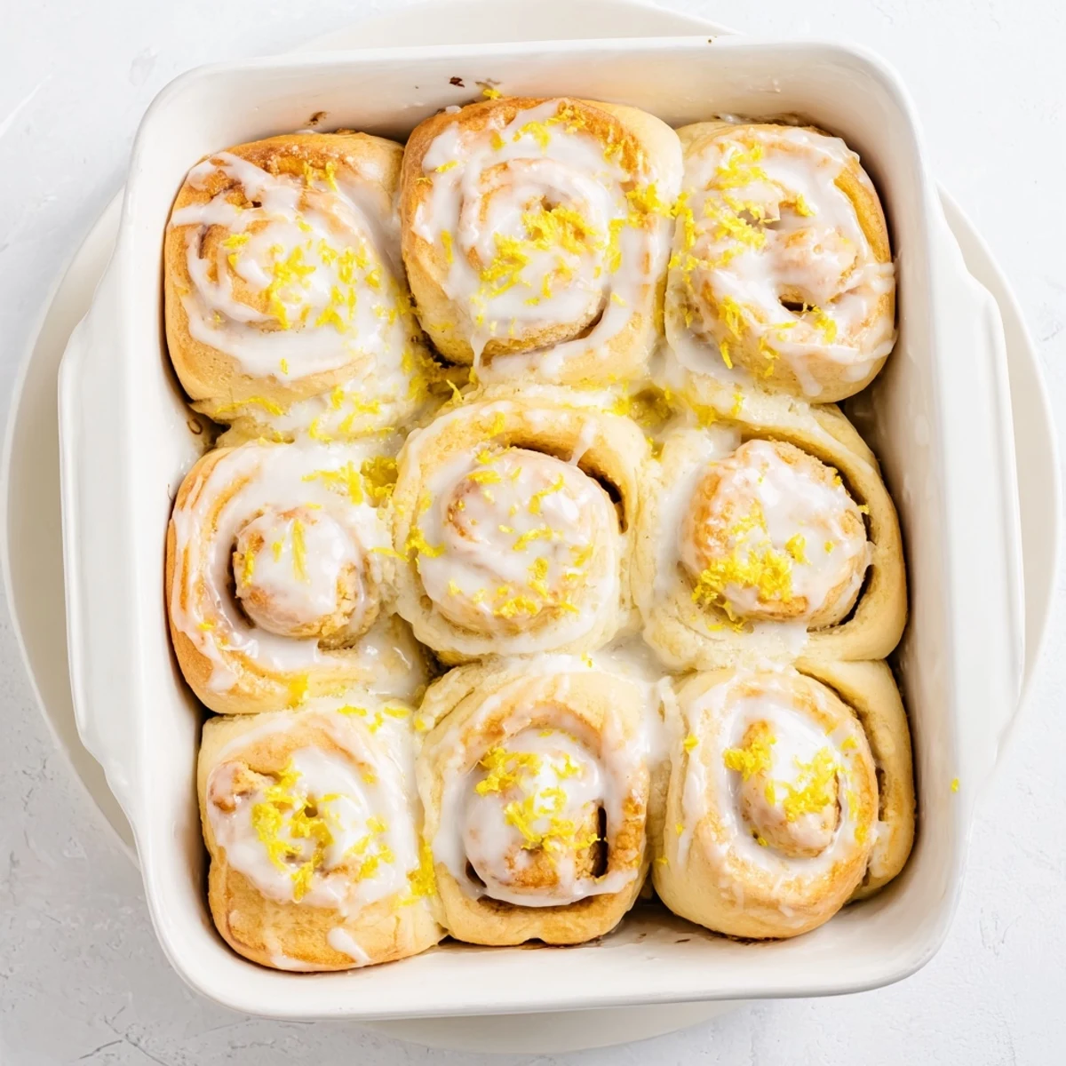 Soft fluffy lemon rolls topped with tangy sweet glaze arranged in a metal baking pan