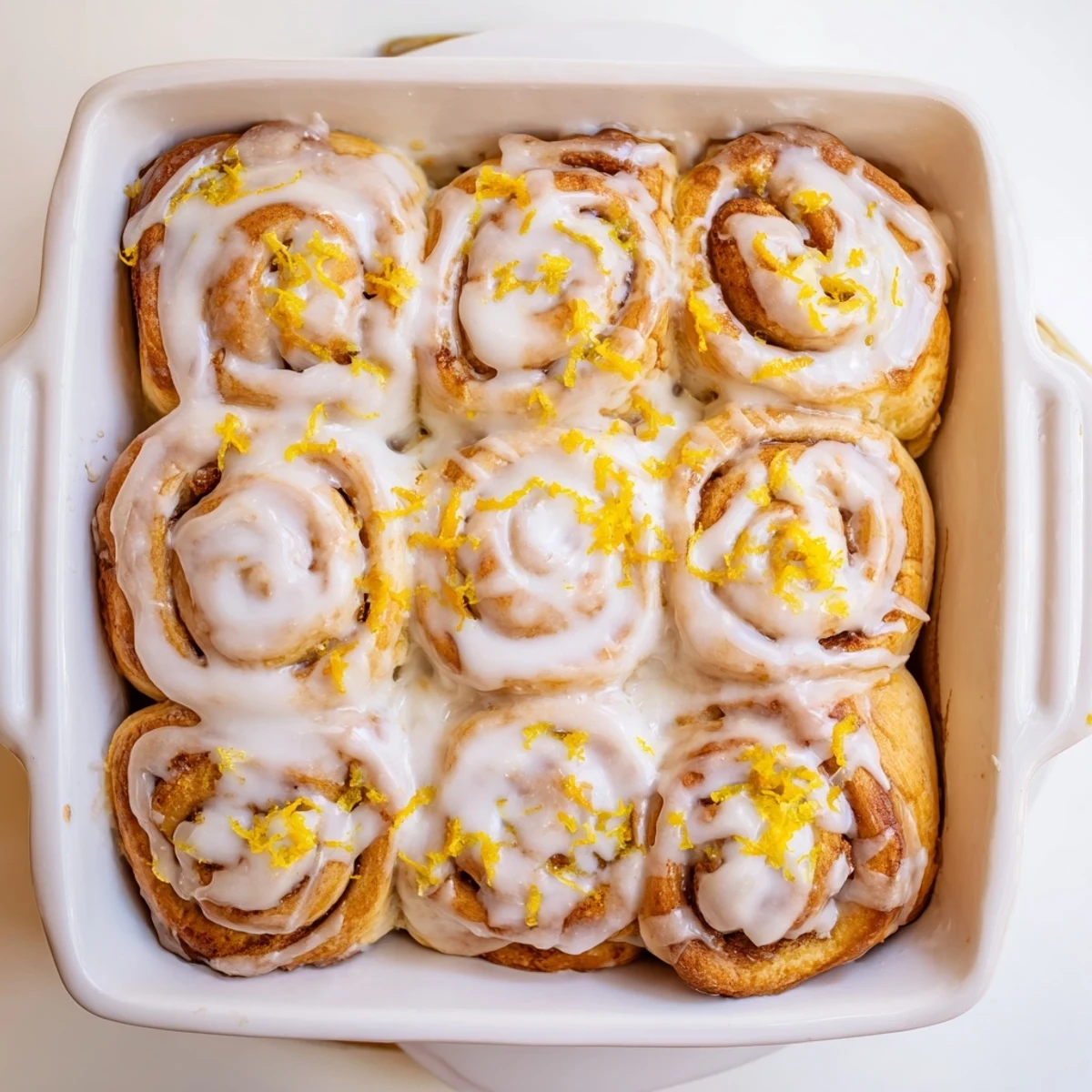 Warm lemon rolls with spiral sugar filling poured over with thick lemon icing on a wooden board
