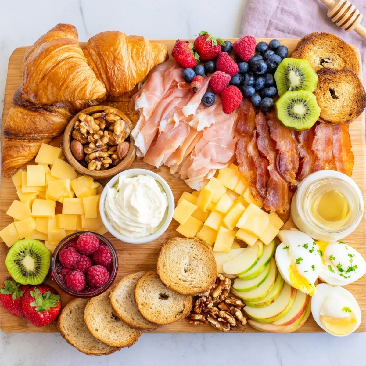 Colorful breakfast charcuterie board arranged with prosciutto, cheeses, fresh berries, and flaky croissants on a rustic wooden platter