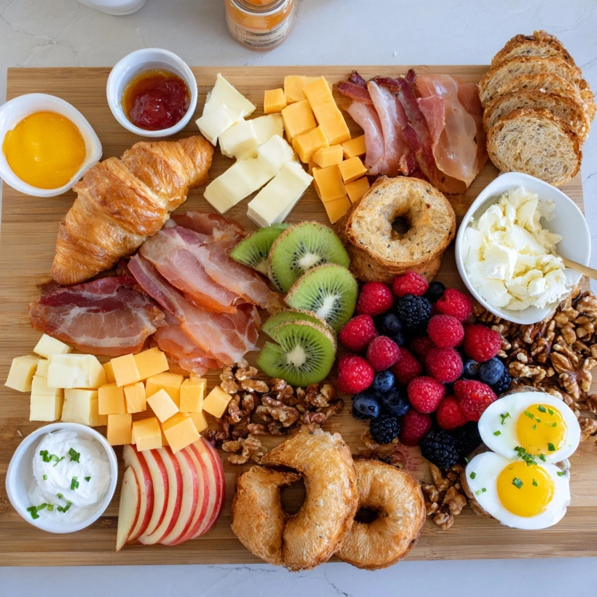 Elegant breakfast charcuterie board spread with cured meats, artisanal cheeses, pastries, and honey for a festive brunch display