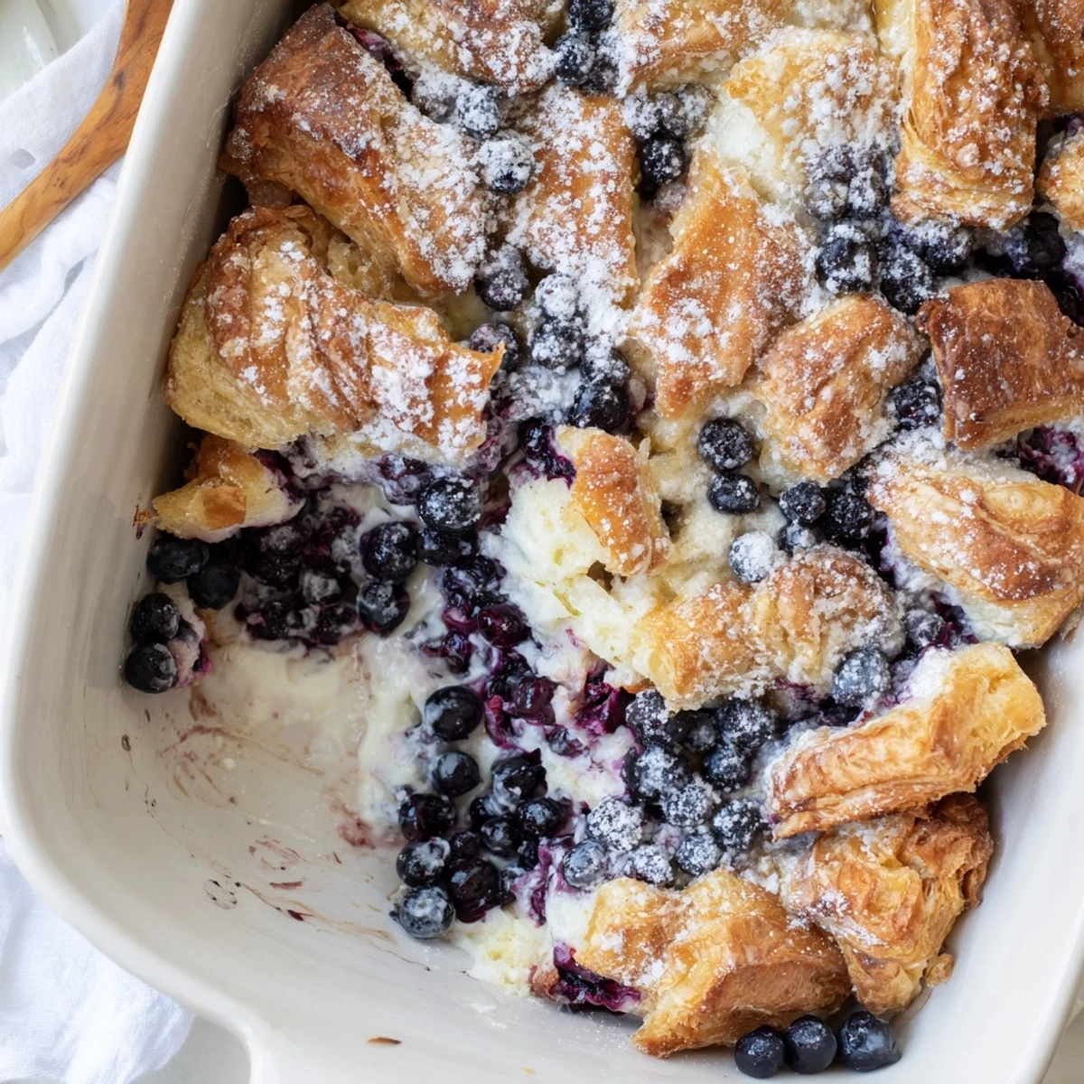 Baked breakfast casserole featuring flaky croissants, tangy cream cheese, and plump blueberry filling