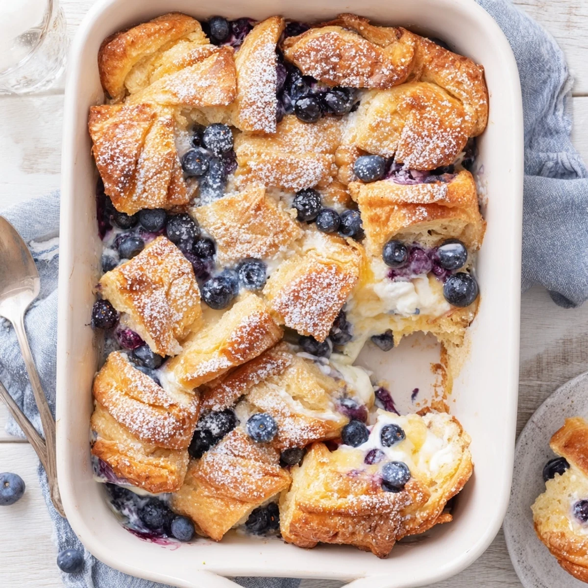 Warm blueberry cream cheese croissant casserole dusted with powdered sugar on a serving plate