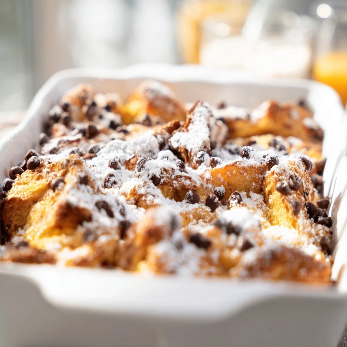 Golden brown chocolate croissant breakfast bake with melted chocolate chips and custard-soaked pastry layers