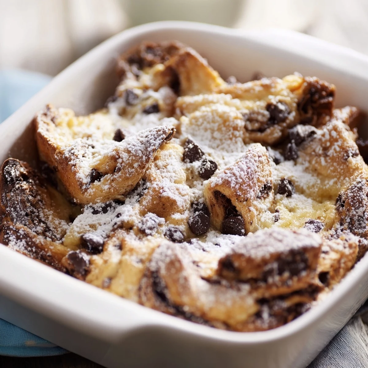 Baked chocolate croissant breakfast casserole dusted with powdered sugar and fresh berries on top