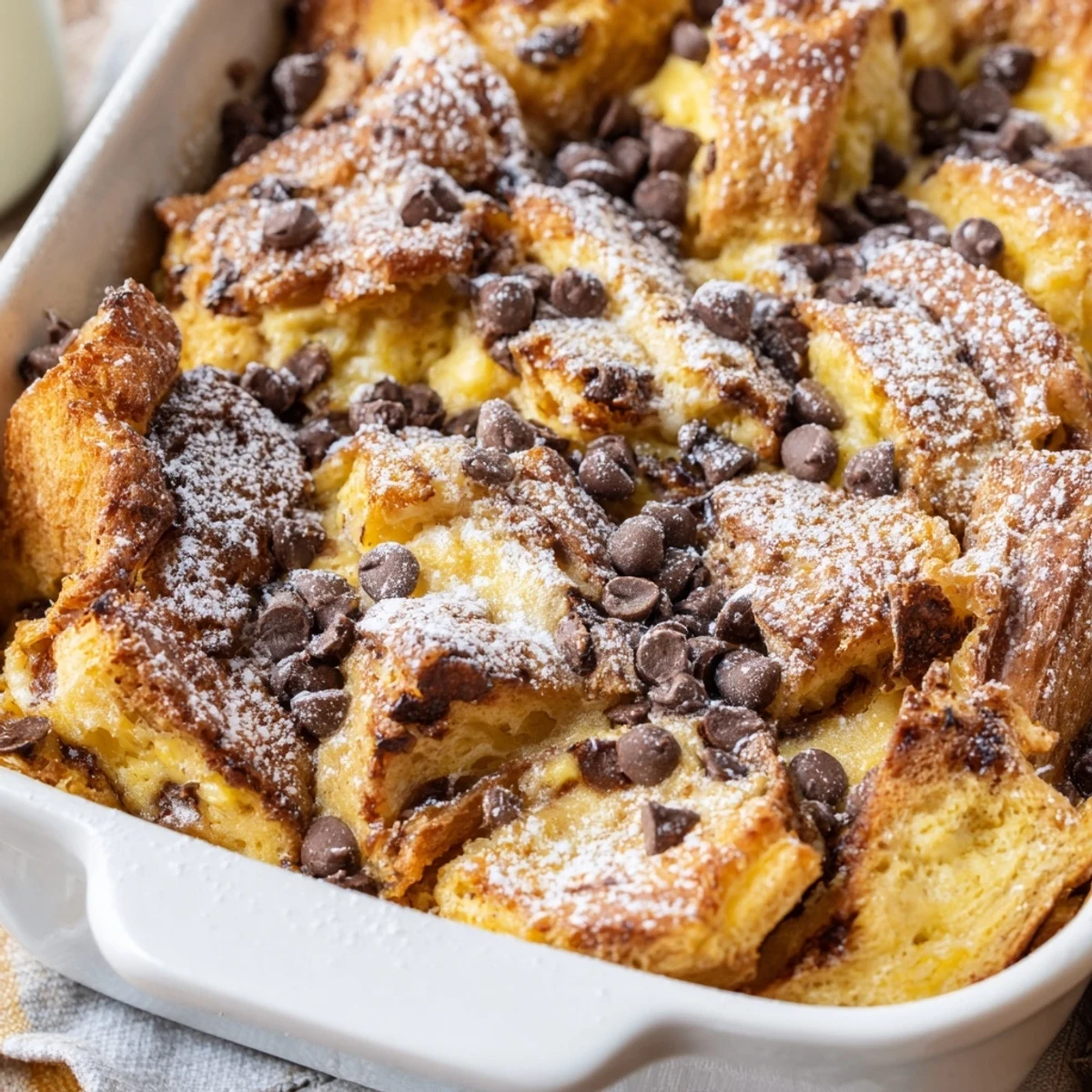 Rich chocolate croissant breakfast bake served warm in a square dish with golden toasted edges