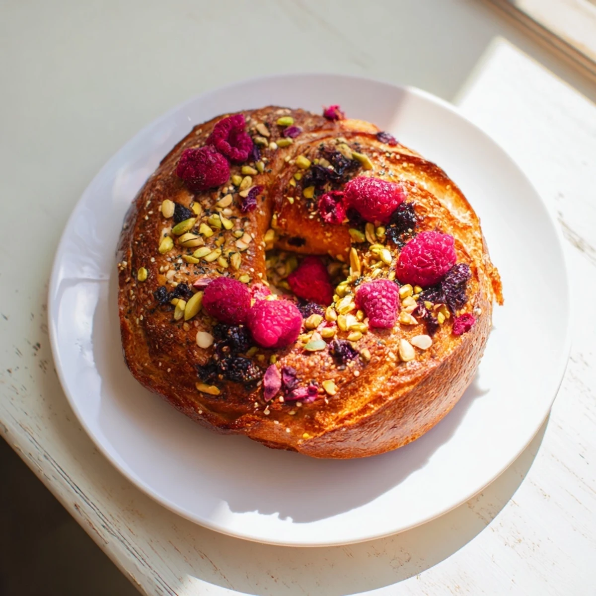 Freshly baked raspberry pistachio sourdough bagels topped with crunchy nuts and ruby fruit