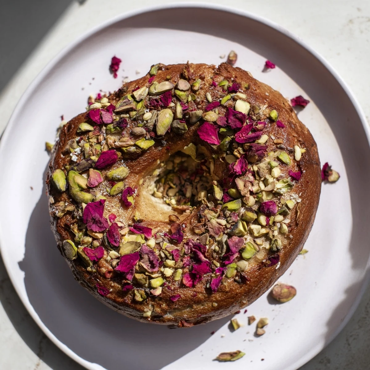 Golden brown sourdough bagels studded with bright raspberries and green pistachio pieces