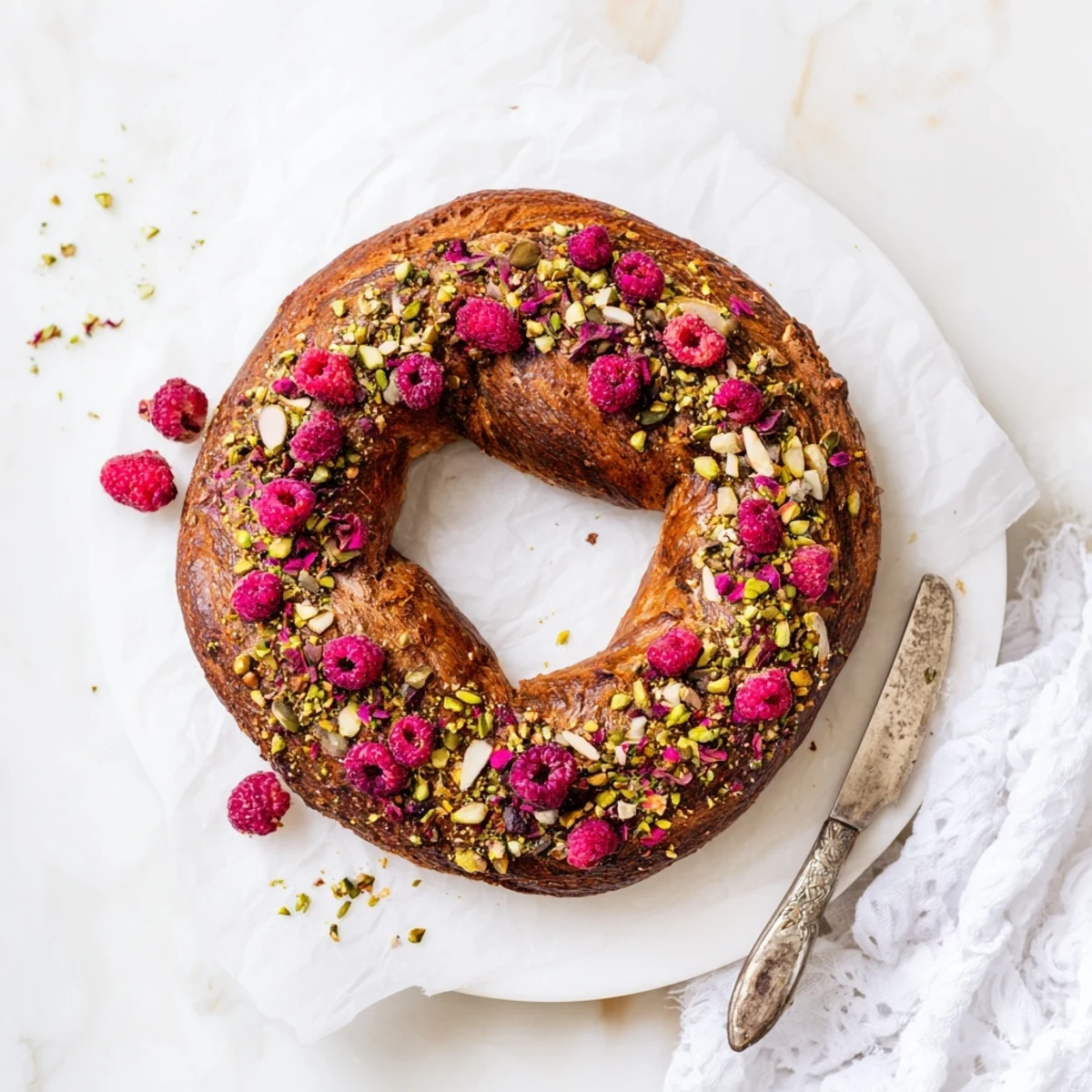 Chewy artisan bagels featuring sweet dried raspberries and nutty pistachios on a wooden board