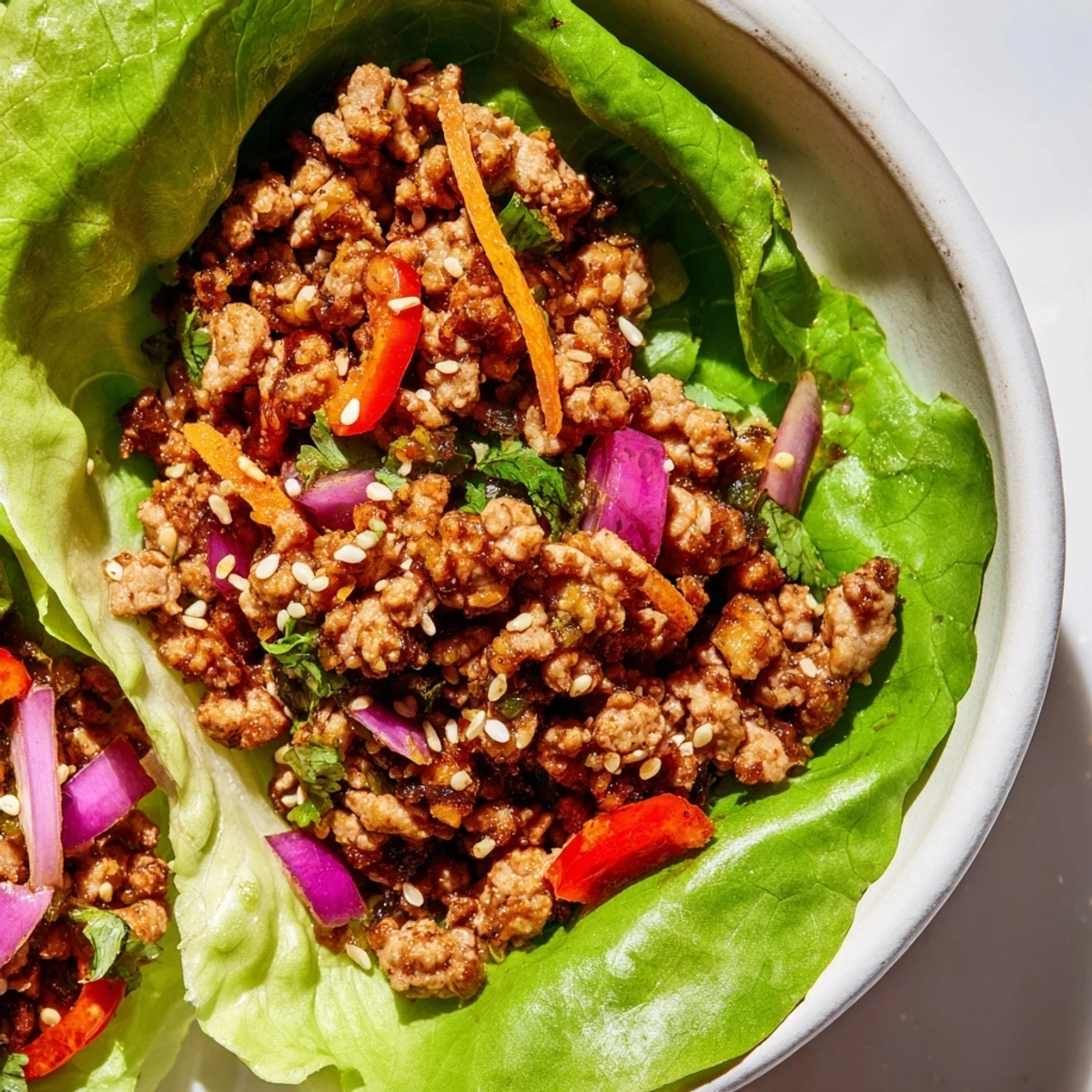 Seasoned ground turkey filling served in crisp romaine lettuce cups with fresh vegetables