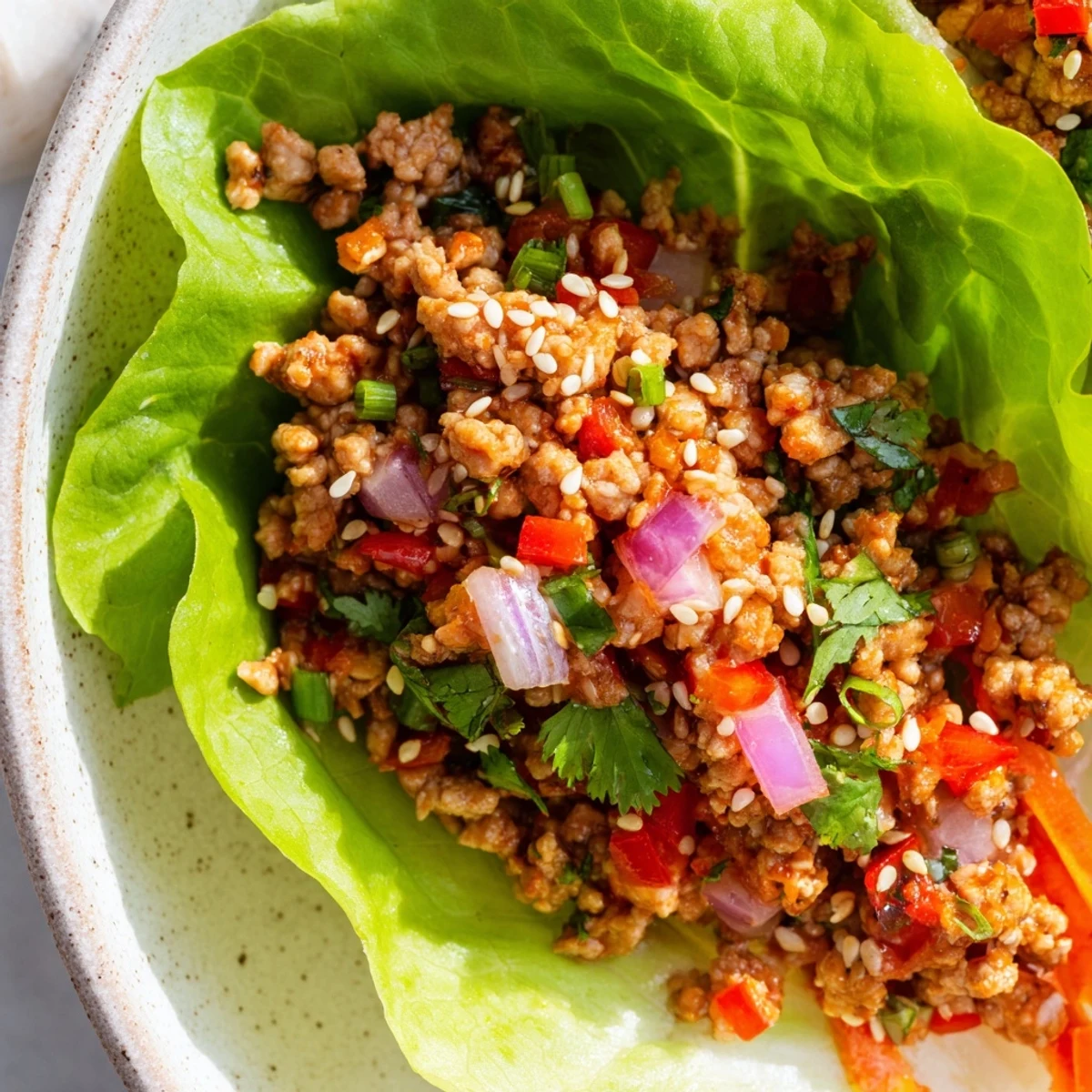 Healthy ground turkey lettuce wrap bowls topped with sesame seeds and cilantro