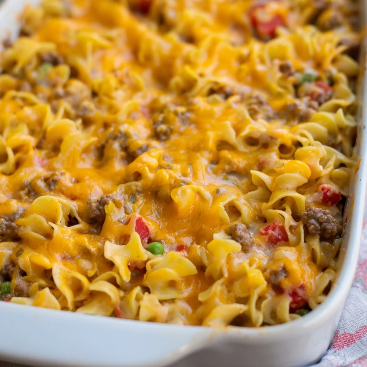 Golden bubbly cheesy beef and noodle casserole fresh from the oven with melted cheddar topping