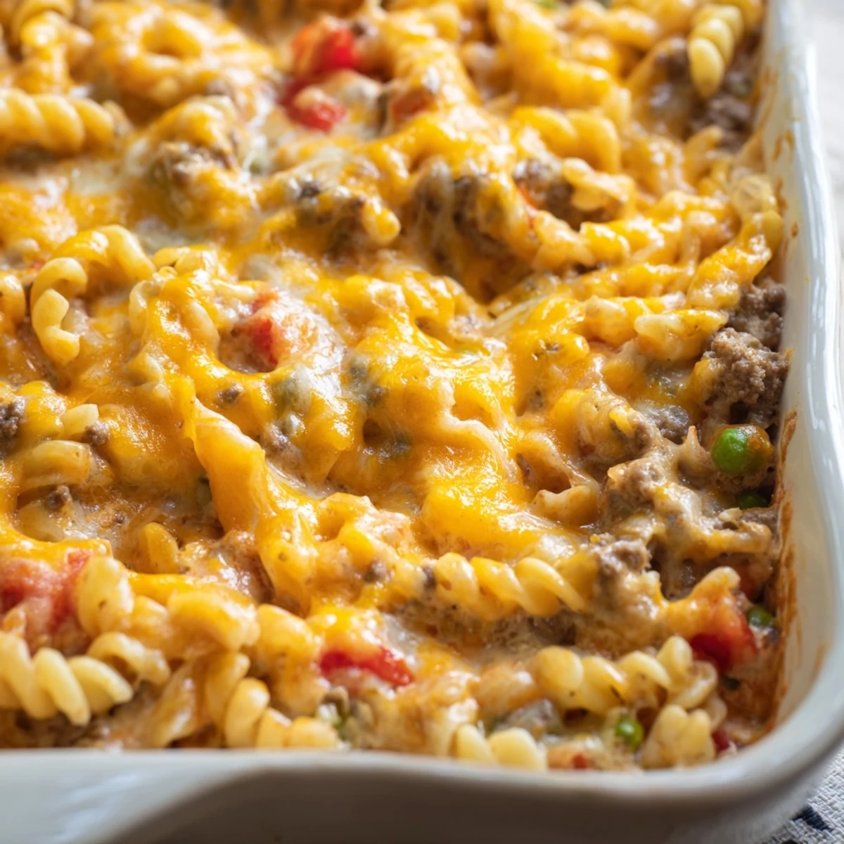 Creamy cheesy beef and noodle casserole with tender egg noodles in a savory beef sauce
