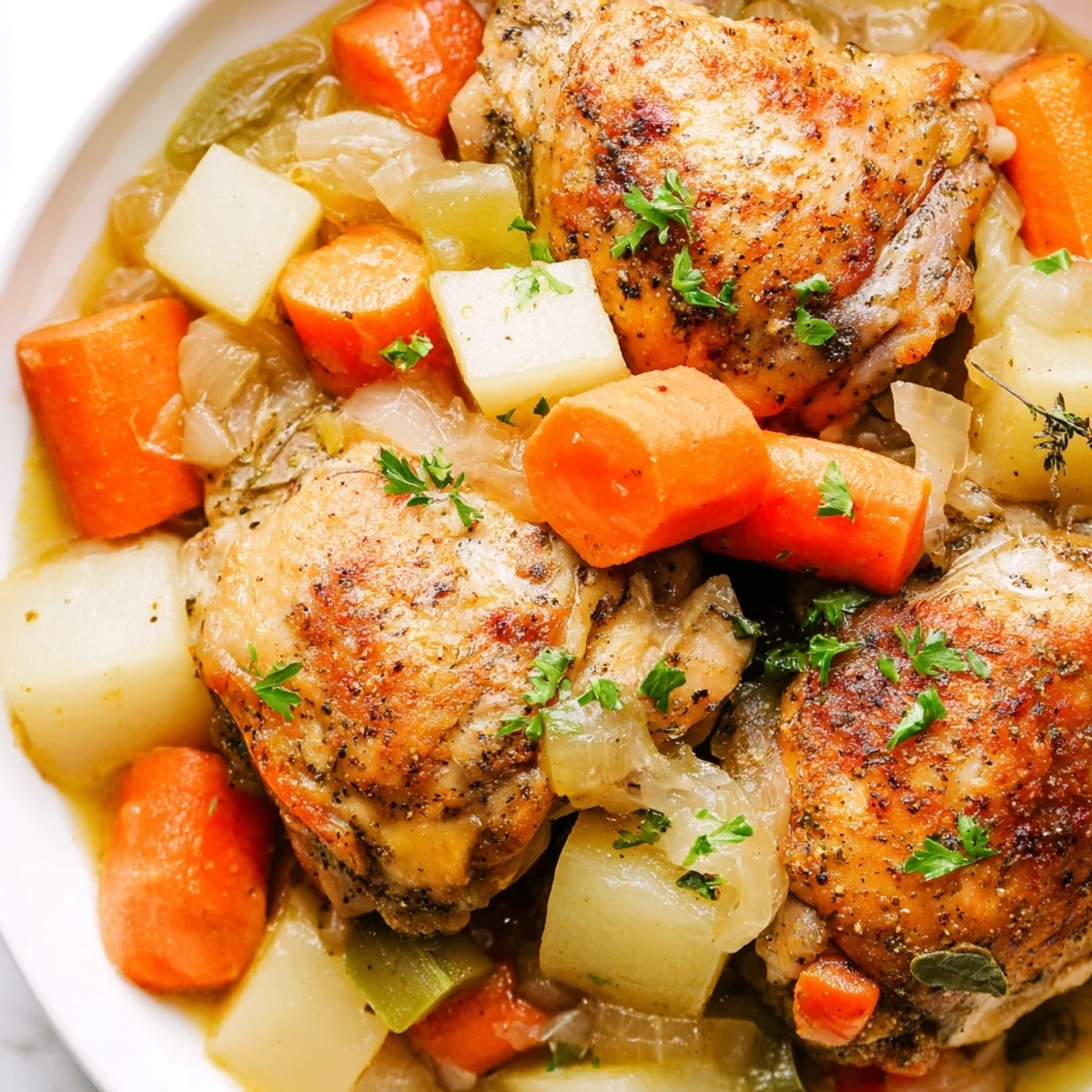 Tender slow cooker chicken dinner with carrots, potatoes, and savory herb gravy in a rustic bowl