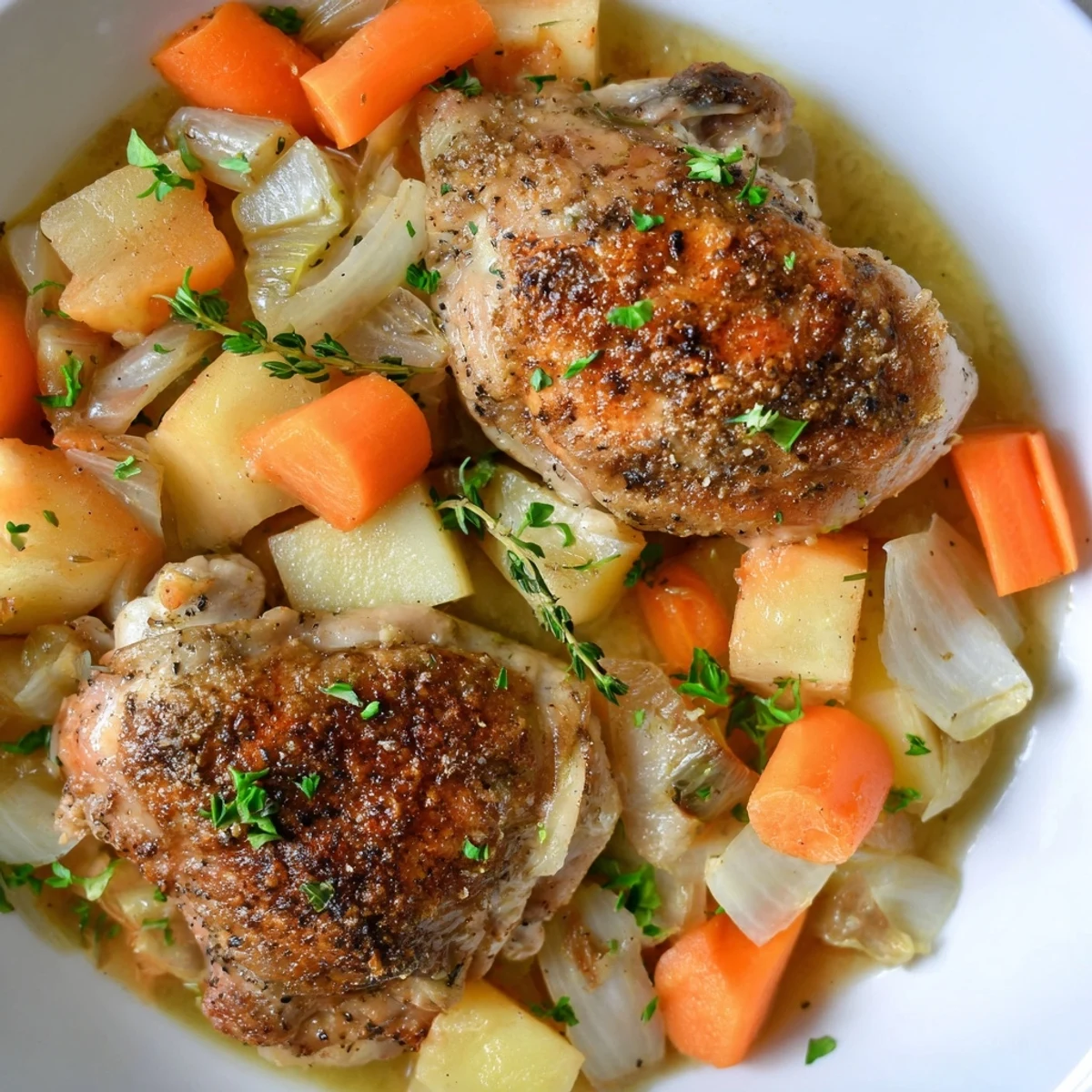 Golden brown chicken thighs over root vegetables in a hearty slow cooker chicken dinner