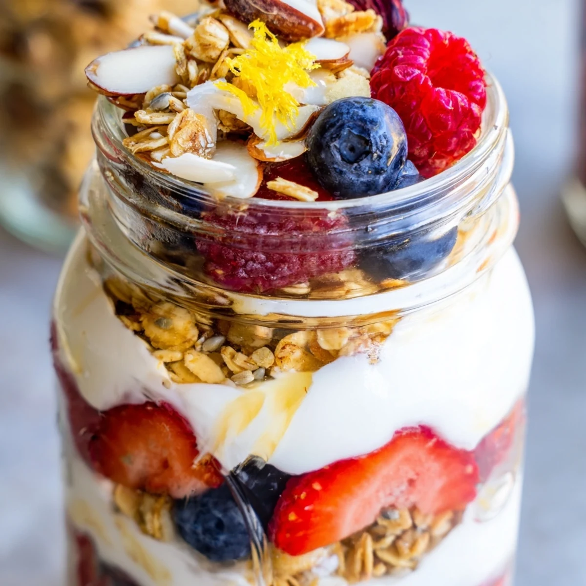 Creamy Greek yogurt parfait layered with fresh berries and golden crunchy granola