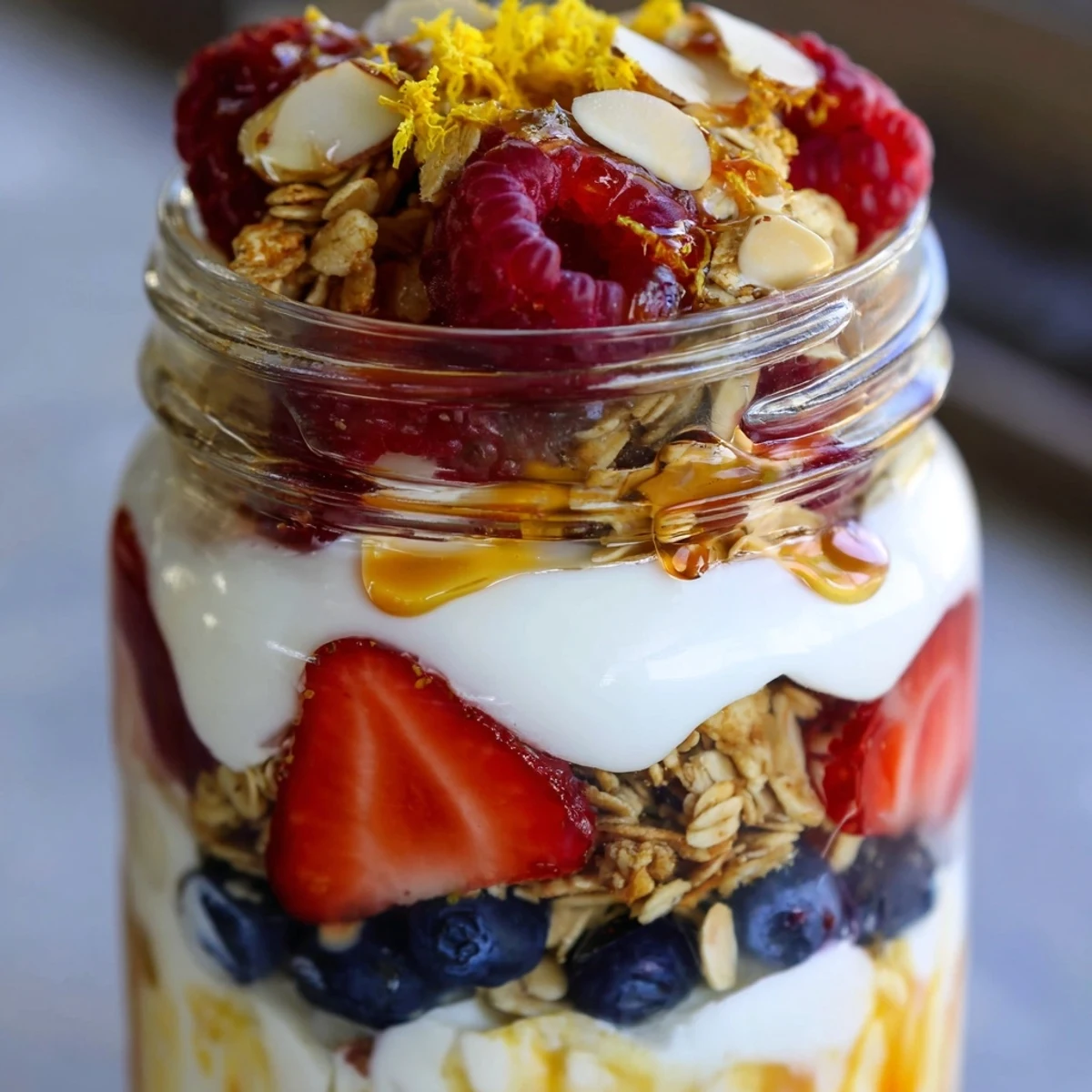 Greek yogurt parfait in clear glass showcasing colorful berry and granola layers