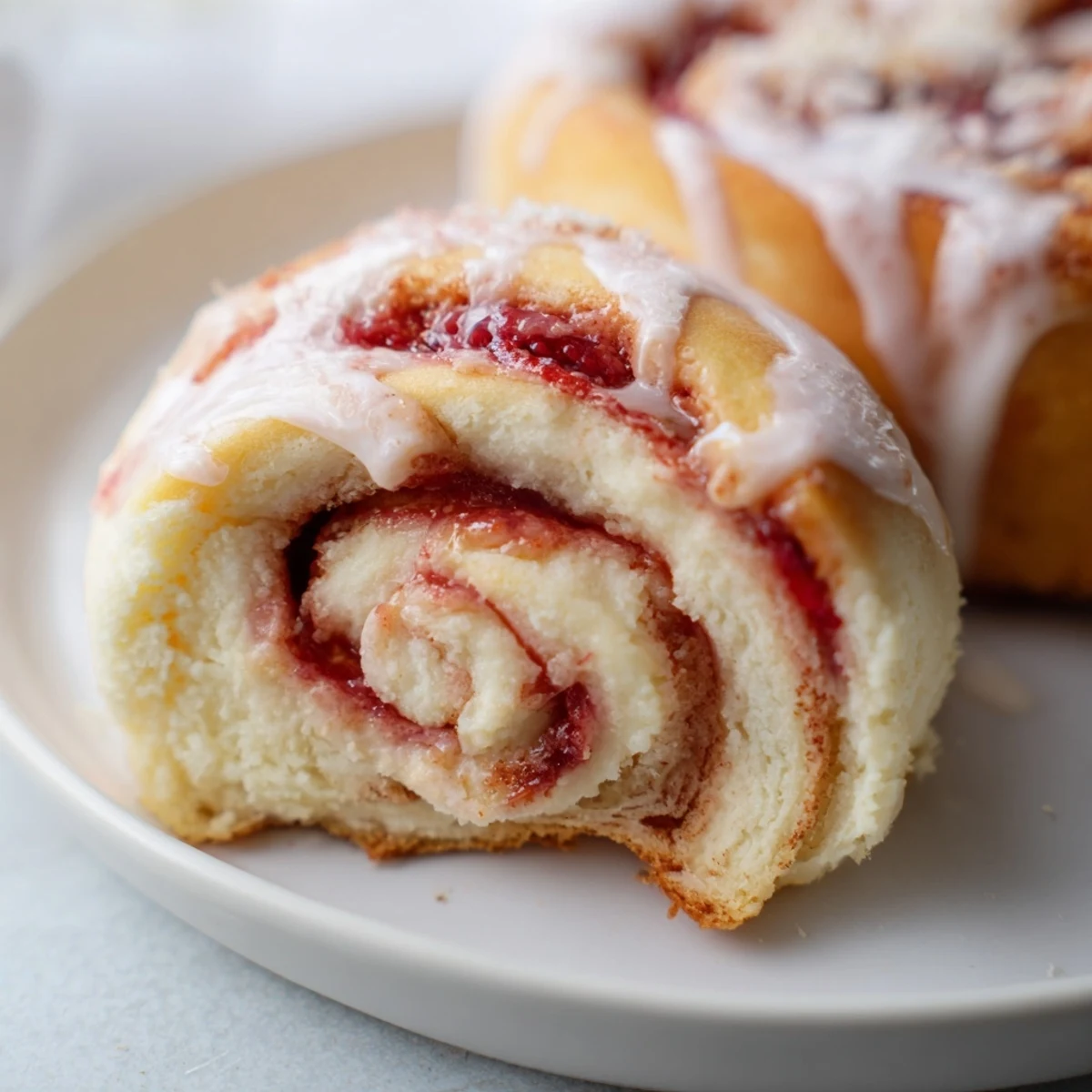 Golden Strawberry Shortcake Cheesecake Rolls drizzled with sweet vanilla glaze on white plate