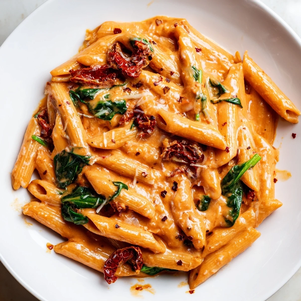 Creamy sun dried tomato spinach pasta in a rustic skillet with vibrant green wilted leaves