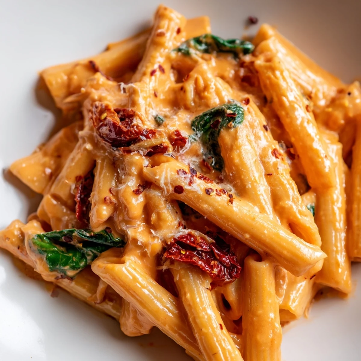 One pan creamy sun dried tomato spinach pasta coated in velvety pink sauce