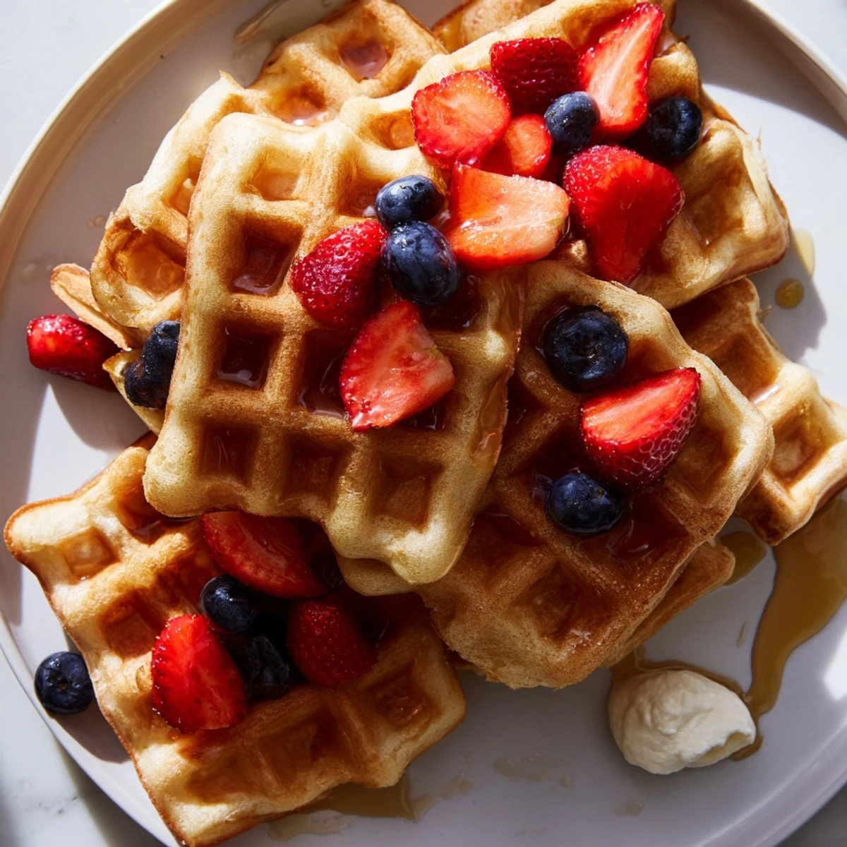 Crispy golden Greek yogurt waffles stacked on a plate with fresh berries and maple syrup drizzle