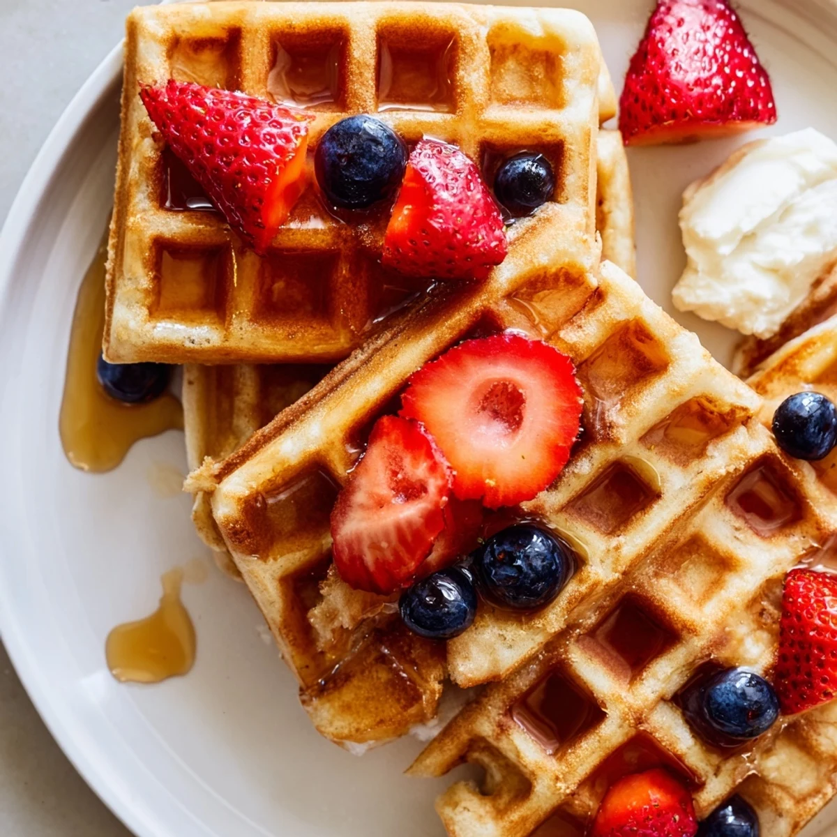 Fluffy Greek yogurt waffles served warm topped with whipped cream and sliced strawberries for breakfast