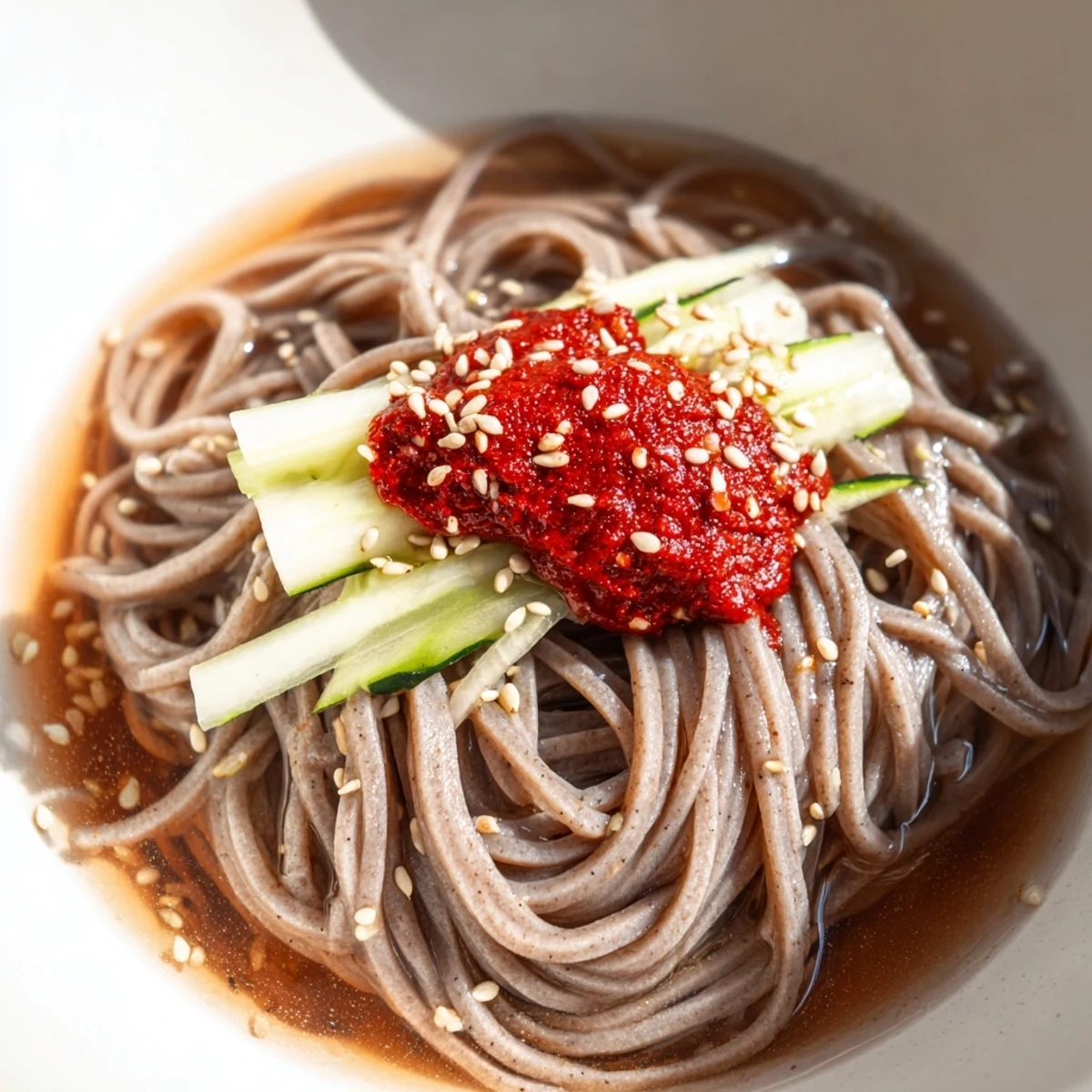 Chewy Korean naengmyeon noodles in chilled tangy broth topped with sliced beef and egg