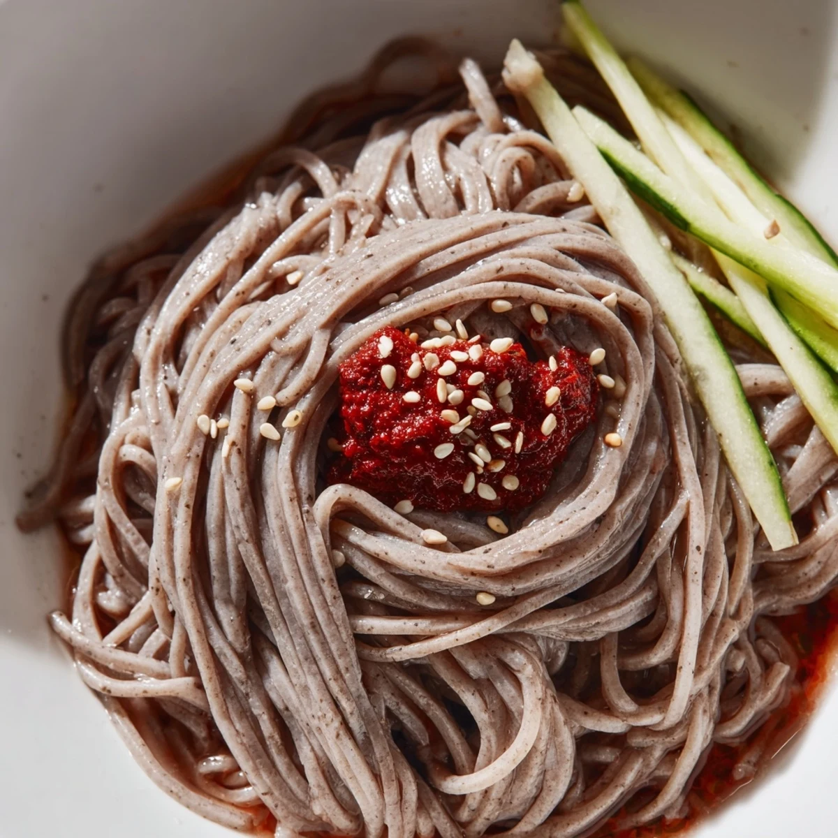 Cold Korean naengmyeon soup with buckwheat noodles, crisp cucumber, and refreshing Asian pear slices
