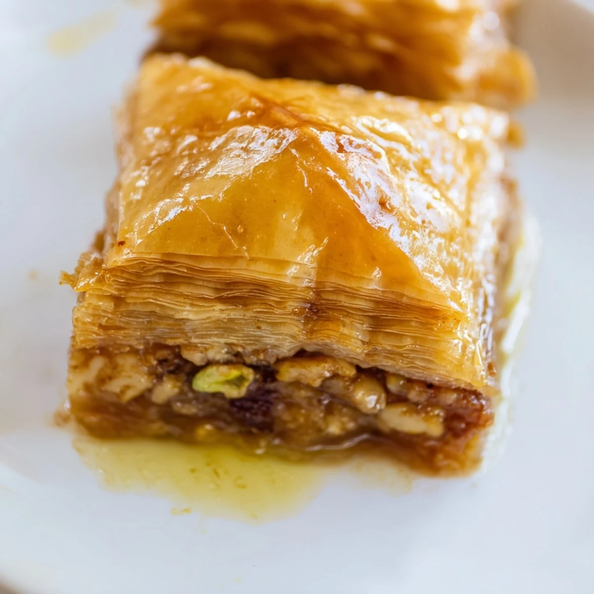 Golden Bosnian baklava diamond cut into pieces with spiced walnut filling and glistening honey syrup